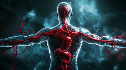 Poster - A scientific illustration of the human circulatory system, with detailed arteries and veins, focusing on the flow of blood through the body
