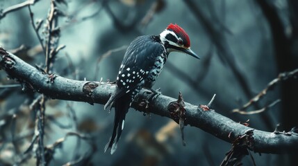 A great spotted woodpecker balancing on a thin branch, its sharp claws gripping the bark tightly.