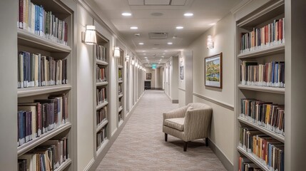 Leinwandbilder - A serene hallway lined with bookshelves, soft lighting, and a comfortable reading nook at the end, creating an inviting space for relaxation and leisure