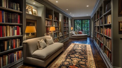 Leinwandbilder - A serene hallway lined with bookshelves, soft lighting, and a comfortable reading nook at the end, creating an inviting space for relaxation and leisure