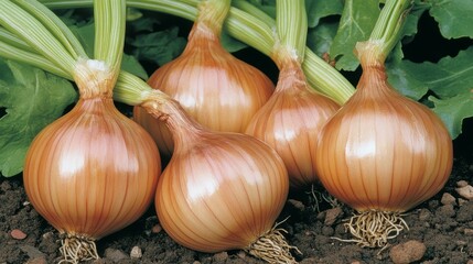 Poster - A serene image of shallots growing in a garden bed, with vibrant green leaves surrounding them, showcasing the beauty of fresh produce in its natural habitat