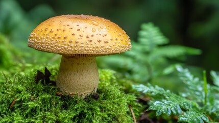 Aufkleber - A single golden-brown mushroom with water droplets on its cap, placed on a bed of moss, surrounded by vibrant green foliage for contrast