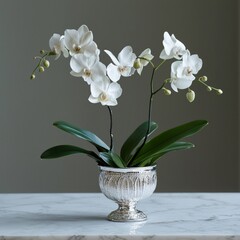 Poster - A small, elegant silver vase with intricate details, filled with delicate orchids