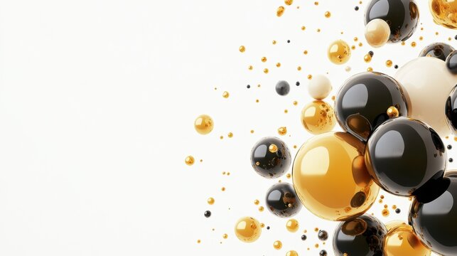 A happy anniversary or birthday greeting card design with floating gold and black balloons against a white background, with plenty of space for text.