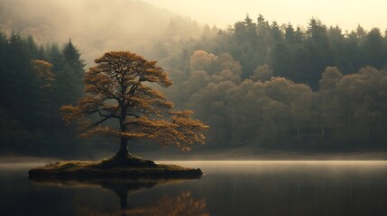 Poster - Lone Tree on an Island in a Misty Lake Surrounded by Autumn Forest Scenery : Generative AI