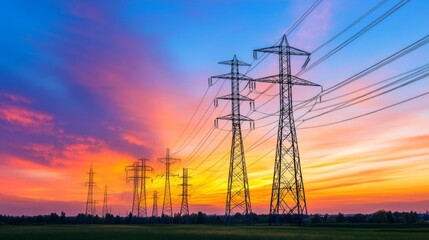 Fototapete - A striking image of tall electricity poles stretching across a vast landscape, silhouetted against a vibrant sunset, with colorful clouds creating a dramatic sky