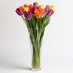 Poster - A tall, narrow glass vase holding a bouquet of vibrant tulips, placed gracefully on a white background