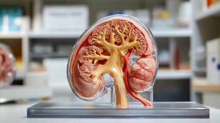 Aufkleber - A transparent model of a human kidney with the renal artery and vein visible, displayed in a clean, clinical setting for anatomical study
