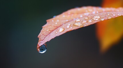 Poster - Close Up of Dew Drops on Autumn Leaf Showcasing Nature's Beauty and Freshness : Generative AI