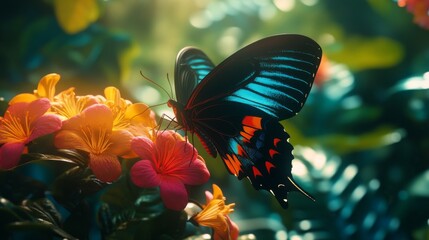 Poster - A vibrant macro shot of a colorful butterfly resting on a flower, highlighting its delicate wings and intricate patterns in bright sunlight