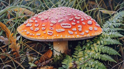 Poster - A vibrant red-capped mushroom covered in dew, nestled among green grass and ferns, showcasing the beauty of nature after a rain shower