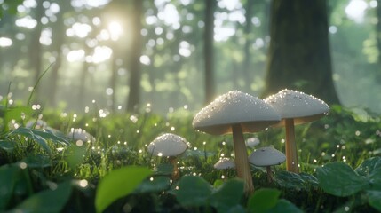 Poster - A whimsical scene of mushrooms with sparkling dew in a misty forest, showcasing the magical atmosphere of nature in the early morning light