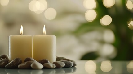 Poster - Elegant Candles Lighting Up a Relaxing Ambiance Surrounded by Pebbles and Bokeh : Generative AI