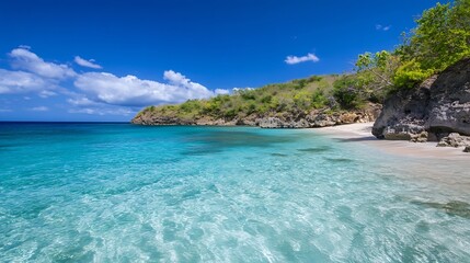 Wall Mural - Stunning Clear Waters and Lush Greenery in Tropical Beach Landscape under Bright Blue Sky : Generative AI