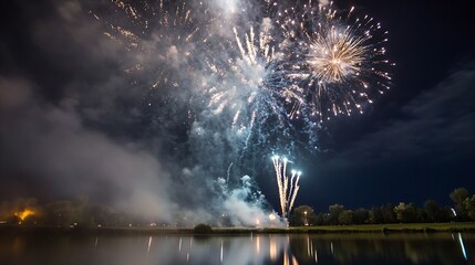 Poster - Spectacular fireworks display reflecting on tranquil lake surface against dark night sky : Generative AI