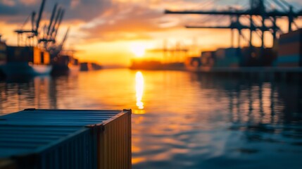 Aufkleber - Vibrant Sunset Over Harbor with Cargo Containers and Reflective Water Surface in Soft Focus : Generative AI