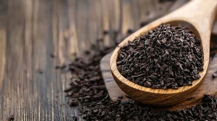 Poster - Close up of black cumin seeds in wooden spoon on rustic table : Generative AI