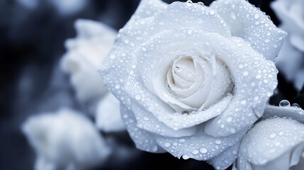 Aufkleber - Beautiful white rose with droplets on petals in soft focus : Generative AI