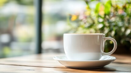 Aufkleber - Minimalist white coffee cup on a wooden table with fresh greenery in the background for a cozy ambience : Generative AI
