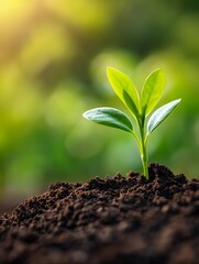 Aufkleber - Fresh green plant sprouting from rich soil in natural sunlight representing growth and renewal : Generative AI