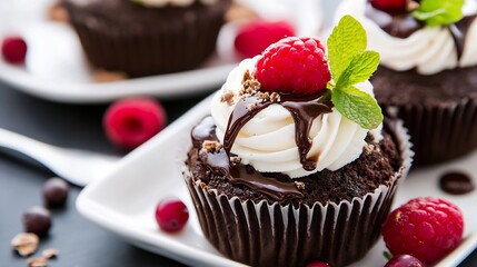 Poster - Delicious Chocolate Cupcake Topped with Cream and Fresh Raspberries for Dessert : Generative AI
