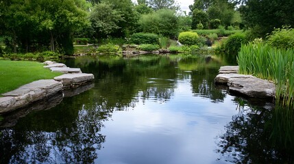 Poster - Serene Reflection in a Tranquil Garden Pond Surrounded by Lush Greenery and Vibrant Nature : Generative AI