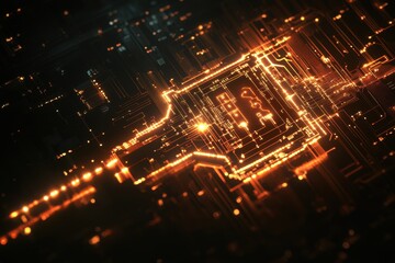 Poster - Key icon embedded in glowing computer circuit board design showcasing digital connectivity and technology, key icon with computer circuit board over light trails on black background