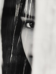 Poster - Intimate Close Up Portrait of a Young Girl Gazing Through a Transparent Curtain : Generative AI