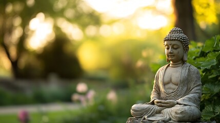 Poster - Serene Buddhist Statue in a Garden Setting Symbolizing Peace and Tranquility : Generative AI