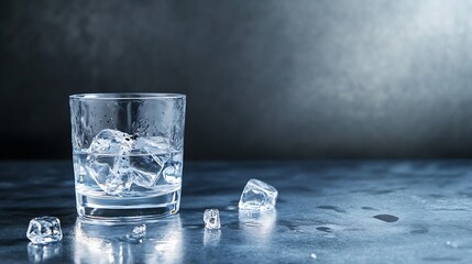 Aufkleber - Refreshing Glass of Water with Ice Cubes on Dark Background for Beverage and Summer Cooking : Generative AI