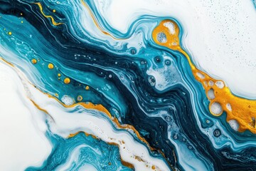 Poster - Abstract depiction of slow motion water waves with vibrant blue and gold hues on a white background, Abstract water waves in slow motion on a white background View from above