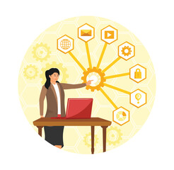 Poster - Intelligent interface, businesswoman Presenting Digital Connections Display and Laptop on Wooden Desk.