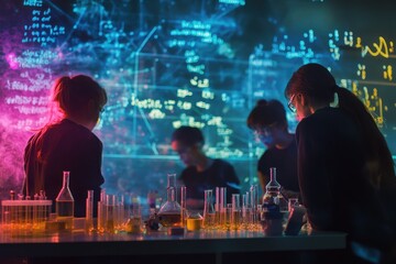 Poster - Students engage in collaborative learning with mathematical equations and vibrant experiments in a modern lab setting, mathematical equations over diverse students doing experiment in lab