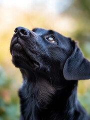 Poster - Close Up Portrait of a Black Labrador Dog Looking Up with a Soft Expression in Natural Lighting : Generative AI