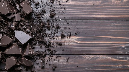 Aufkleber - Chunks of Dark Chocolate on a Rustic Wood Surface Creating a Tempting Background for Desserts and Treats : Generative AI
