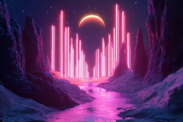 Poster - Abstract neon streaks illuminate a serene landscape with a crescent moon at night, Abstract Neon Streaks