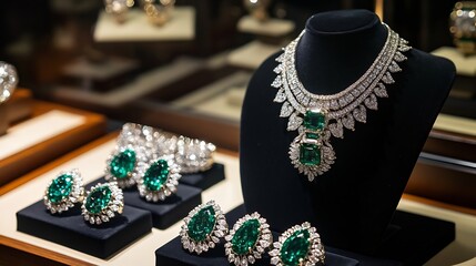 Poster - Exquisite Jewelry Display Featuring Stunning Green Gems and Elegant Designs : Generative AI
