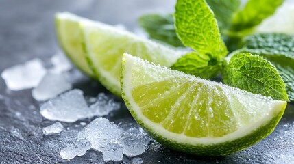 Aufkleber - Fresh Lime Slices With Mint And Ice On Dark Background For Refreshing Drink Recipes : Generative AI