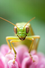 Poster - Close Up of a Green Grasshopper on a Pink Flower Petal : Generative AI