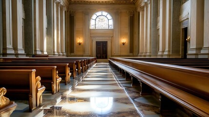 Poster - serene interior of a grand church featuring elegant wooden benches and natural light : generative ai
