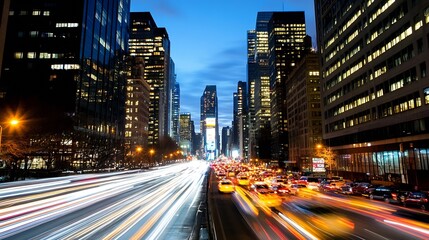 Aufkleber - Dynamic city street scene at twilight showcasing vibrant traffic and illuminated skyscrapers : Generative AI