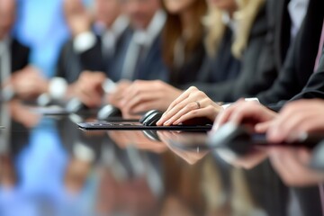 Poster - business professionals engaged in a discussion around a conference table in a modern office setting,