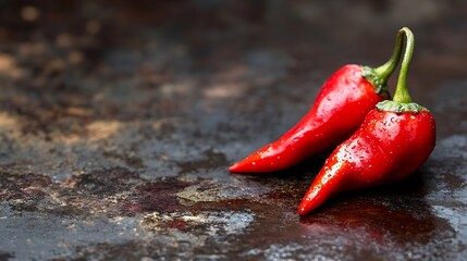 Poster - Two Fresh Red Chili Peppers on a Rustic Surface Ready for Cooking : Generative AI