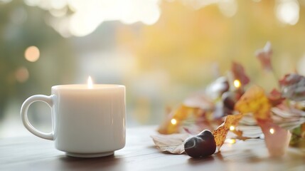 Poster - Cozy Autumn Candle with Leaves and Warm Light Natural Home Decor : Generative AI