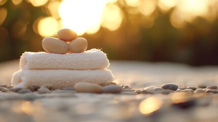 Aufkleber - Peaceful arrangement of smooth stones and luxury towels in serene setting : Generative AI