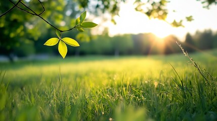 Poster - Sunlit Green Grass and Fresh Foliage During a Beautiful Sunrise in a Serene Park : Generative AI