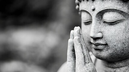 Poster - Serene close up of stone Buddha statue with praying hands in monochrome : Generative AI