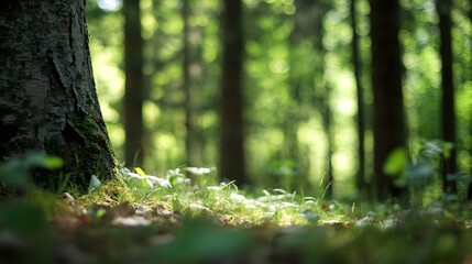 Poster - Lush green forest scene with sunlight filtering through trees : Generative AI
