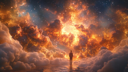 Wall Mural - A vibrant digital artwork showcasing a 360-degree cosmic nebula, symbolizing infinity, exploration, and the mysteries of the universe, with swirling colors and glowing celestial elements