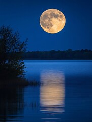 Poster - Stunning Full Moon Reflecting on Calm Water at Dusk Creating an Enchanting Night Scene : Generative AI